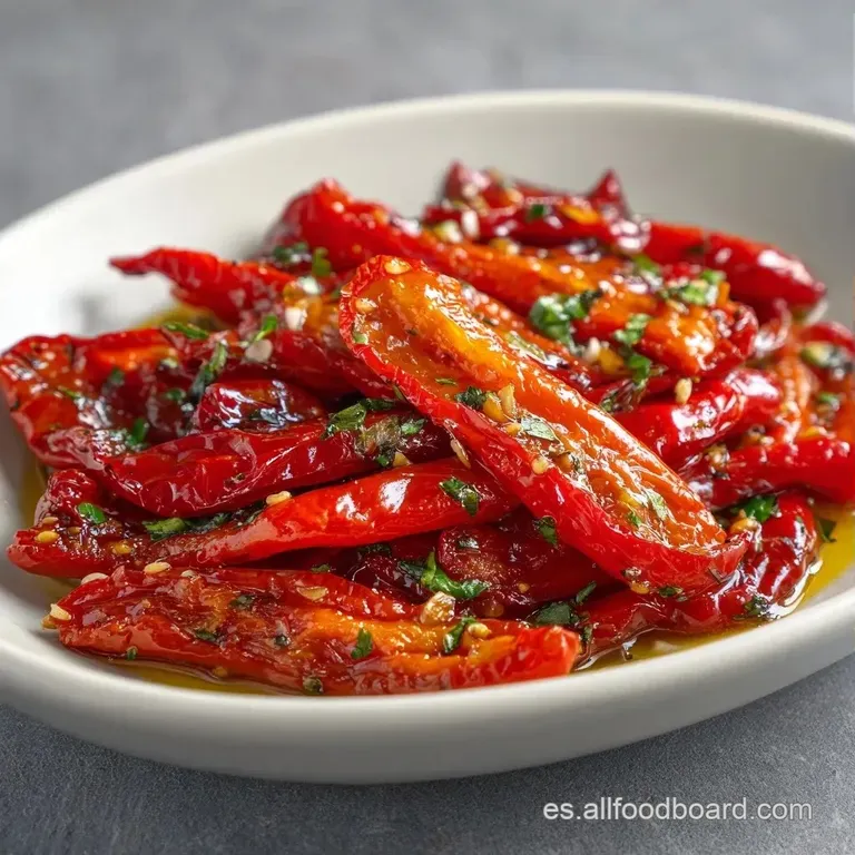 Tiras de vegetales rojos intensos dispuestas con elegancia, ba&ntilde;adas en aceite dorado y trozos de ajo tostado suave.