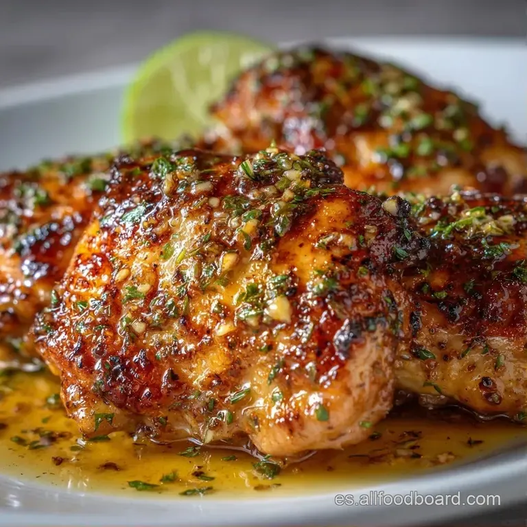 Pollo glaseado en tono miel dispuesto art&iacute;sticamente con c&iacute;tricos brillantes y brotes verdes sobre fondo neutro limpio.