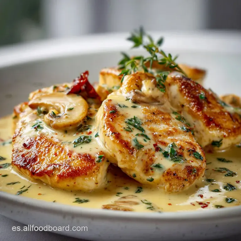 Elegant plate of succulent chicken bathed in a glossy sauce, garnished with fresh herbs, alongside creamy mashed potatoes.
