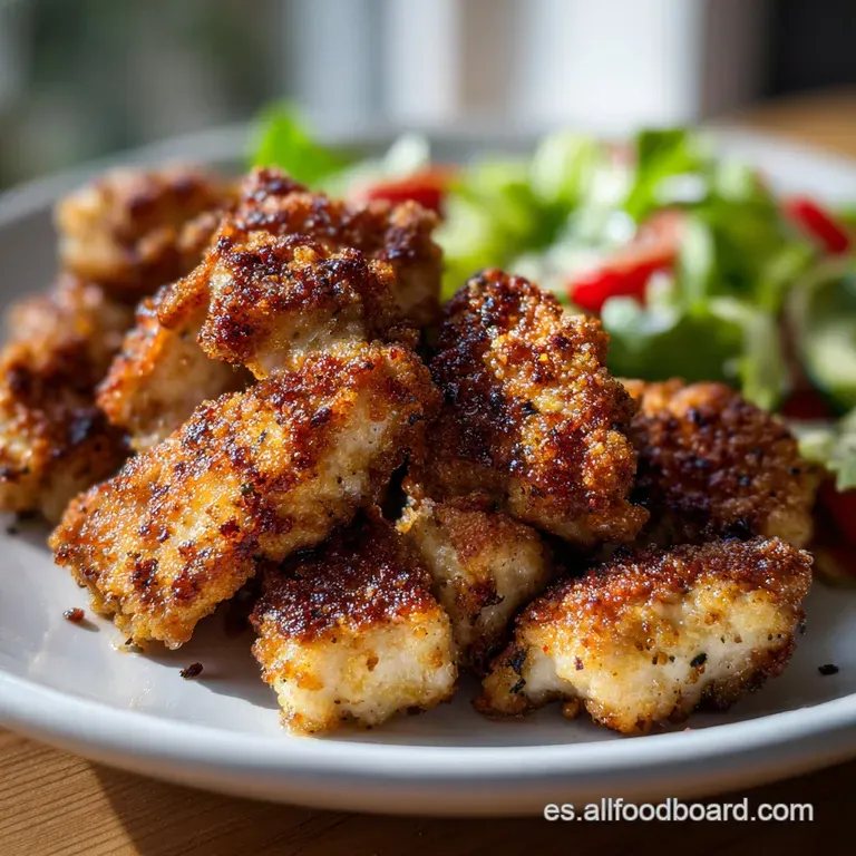 Perfectly arranged air-fried chicken on a white plate, glistening with oil. Garnished with fresh parsley and a lemon slice.
