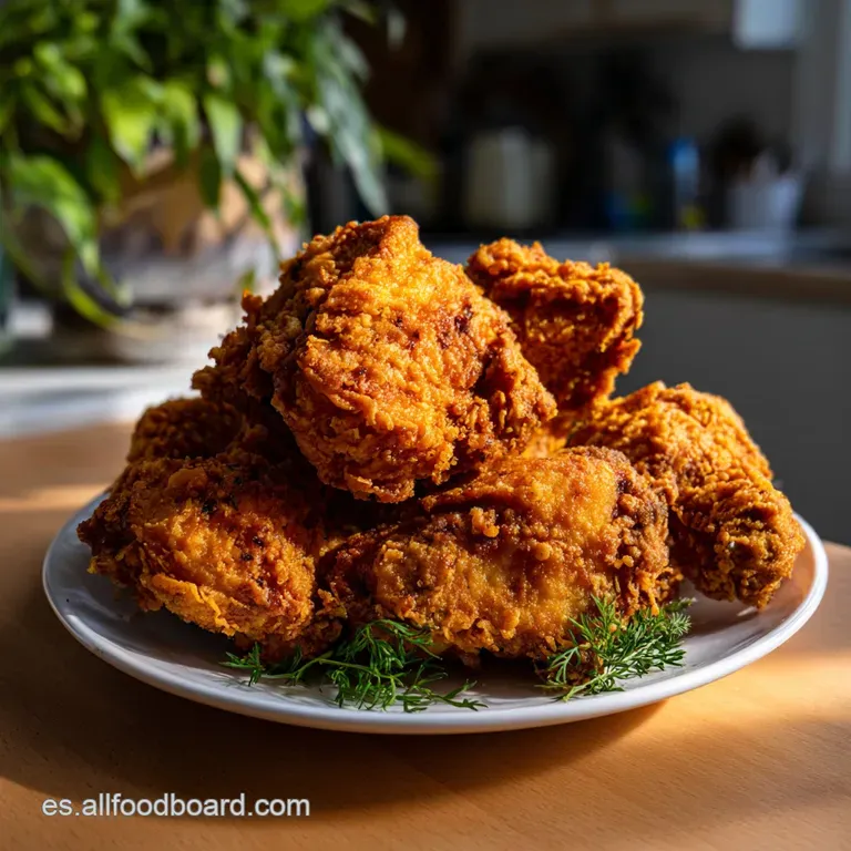 Tender, juicy fried chicken artfully plated with a vibrant lemon wedge and sprigs of fresh parsley, against a dark backdrop.