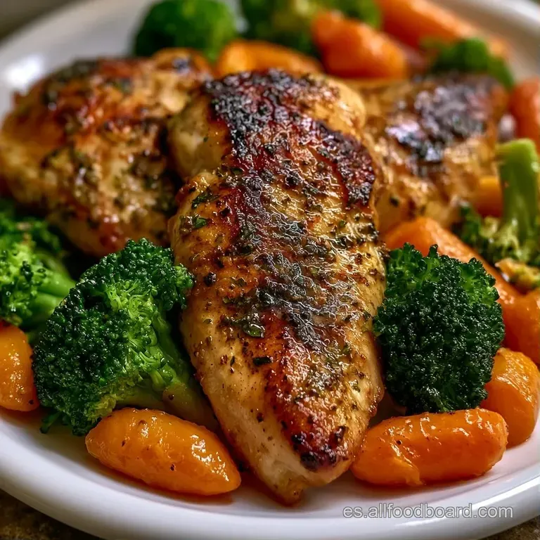 Pollo jugoso sobre vegetales asados en tonos naranja y verde, decorado con perejil fresco en un plato blanco limpio.