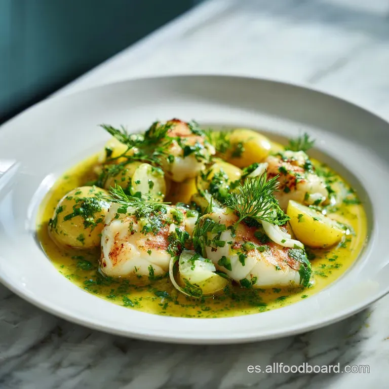Elegant bowl of glistening, pearly white porrusalda, garnished with emerald parsley and a drizzle of golden olive oil, inv...