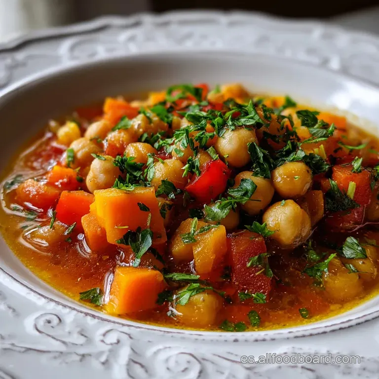 Warm, comforting chickpea stew in a deep bowl. Topped with a swirl of olive oil and vibrant paprika. Earthy and inviting.