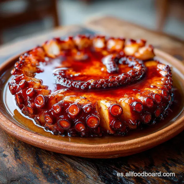 Small octopus tentacle segments artfully arranged on a white plate, seasoned with vibrant red paprika and drizzled with ol...