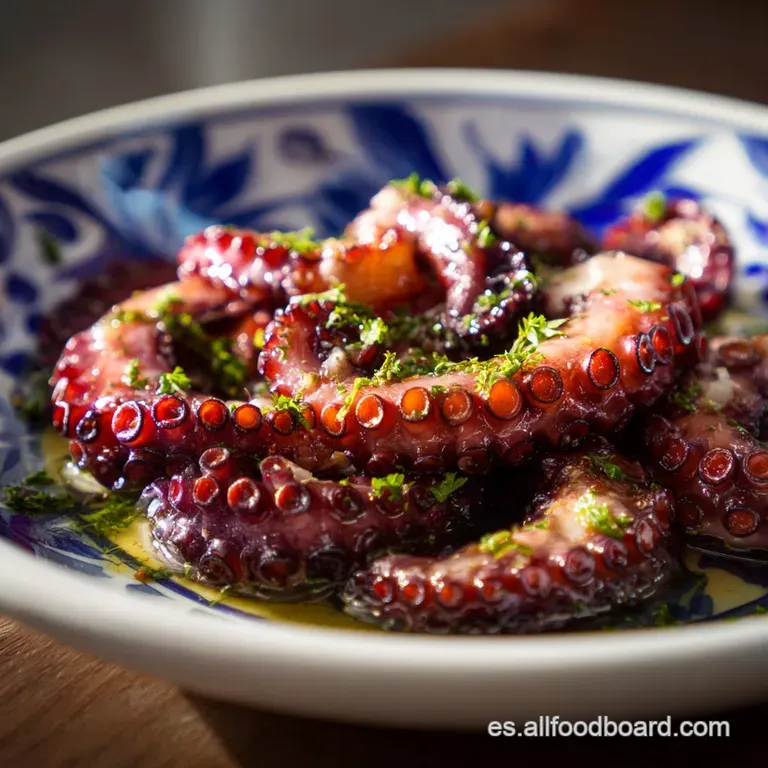 Elegant serving of tender octopus tentacle slices arranged over creamy potatoes, glistening with olive oil and paprika.