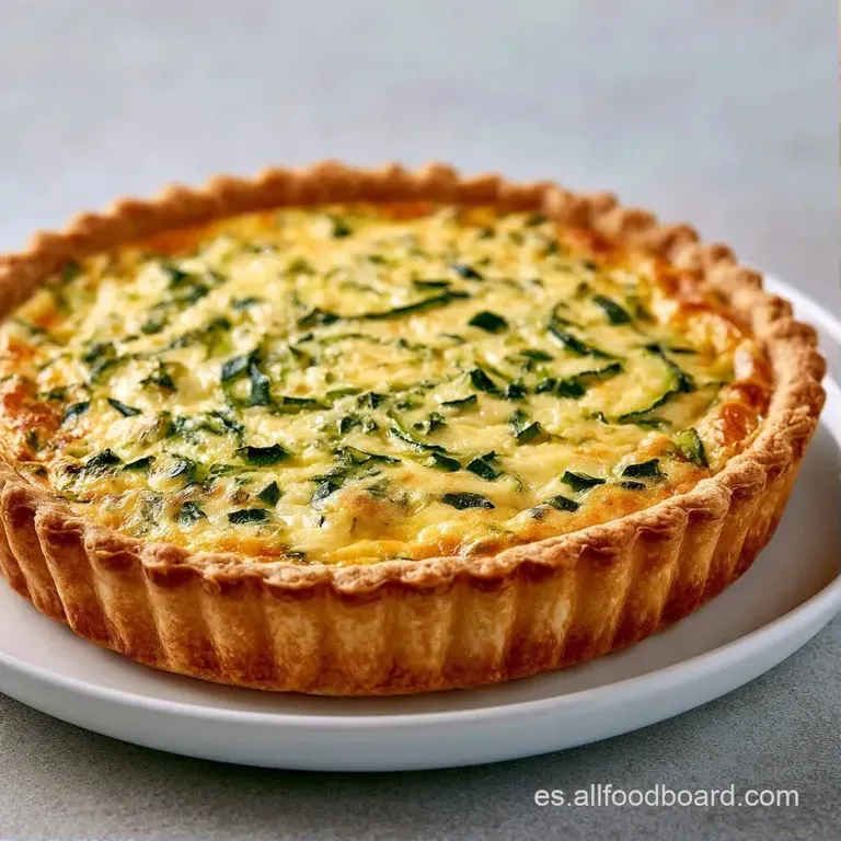 Porci&oacute;n triangular de quiche sobre plato blanco, mostrando capas de verduras frescas y una costra quebradiza y tostada.