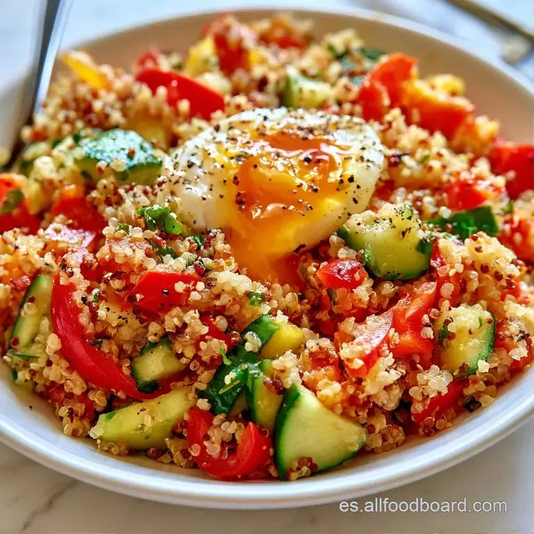 Montaje ordenado de quinoa esponjosa y calabacín salteado, coronado por un huevo perfecto sobre un plato cerámico.