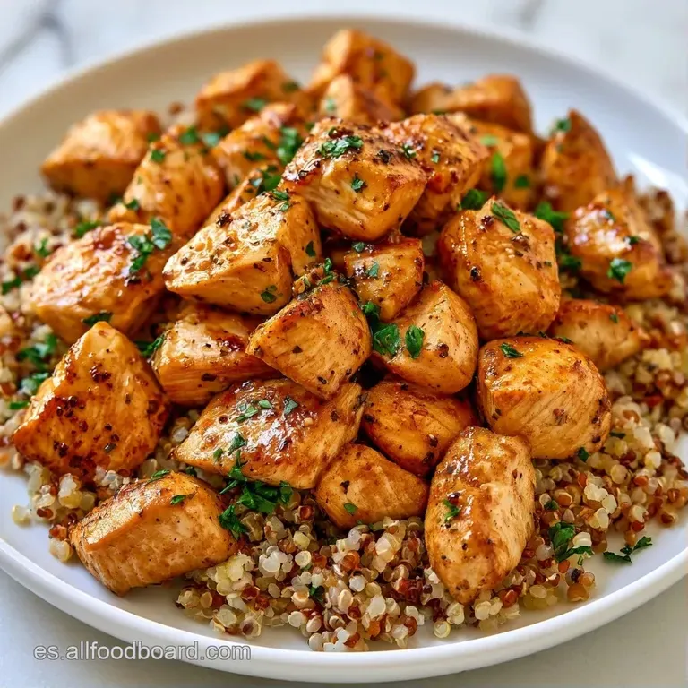 Plato blanco con una base circular de quinoa clara, pollo grillado encima y hojas de perejil fresco decorando el borde.