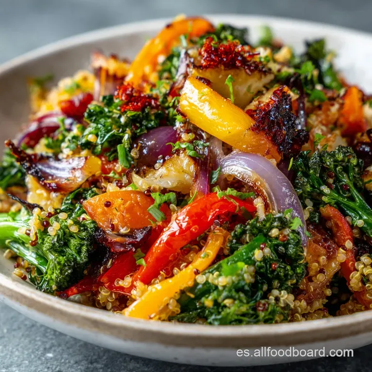 Quinoa and vegetable saute artfully plated, showing the rainbow of fresh veggies, a drizzle of sauce and a sprinkle of herbs