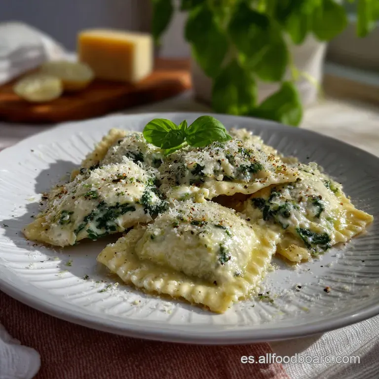 Perfectly arranged ravioli, a few elegantly plated, with visible creamy ricotta and spinach filling. A light drizzle of ol...
