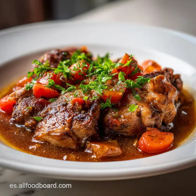 Tender braised rabbit on creamy polenta, garnished with fresh parsley. A restaurant-quality plate, softly lit and inviting.