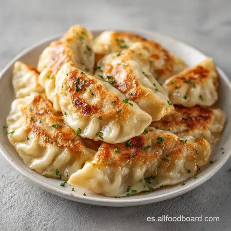 Dumplings dispuestos sim&eacute;tricamente con cebollino picado y semillas de s&eacute;samo sobre un fondo blanco minimalista.