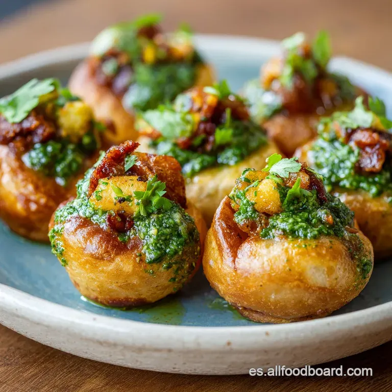 A stack of perfectly round, crispy pani puri shells topped with a vibrant green cilantro chutney and a drizzle of sweet ta...
