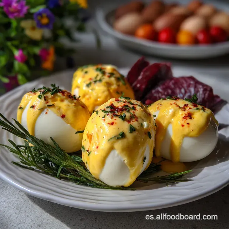 Elegant white plate showcasing a perfectly halved egg, revealing a creamy yolk, drizzled with sauce and a sprinkle of herbs.