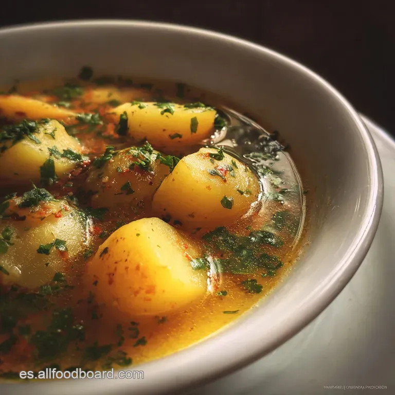 Earthy Patatas a la Riojana plated: soft potatoes & chorizo in a vibrant red sauce, garnished with fresh parsley.