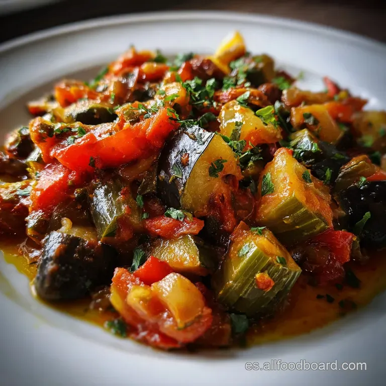 Close up of rustic pisto andaluz in a bowl, its tender vegetables glisten with olive oil and herbs.