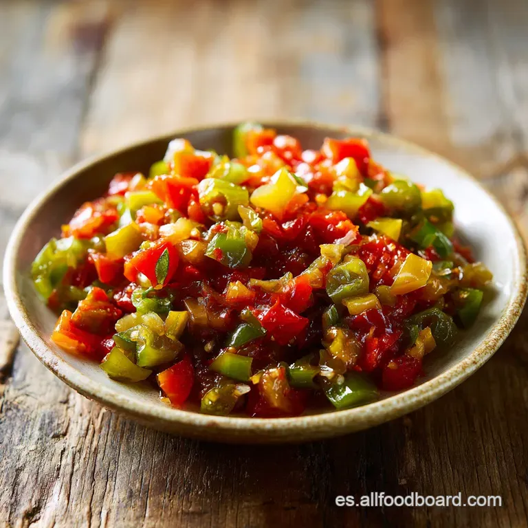 Small glass bowl of vibrant green relish next to silver spoon, atop a rustic wooden surface. Pickled vegetable bits glisten.