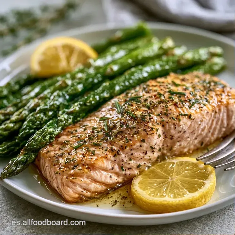 Salmón jugoso sobre plato blanco con espárragos alineados, toque de hierbas frescas y un brillo sutil de aceite.