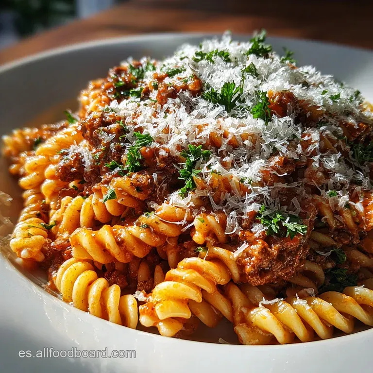 A swirl of robust salsa bolognese atop perfectly al dente pasta, dusted with grated Parmesan and a vibrant basil leaf garn...