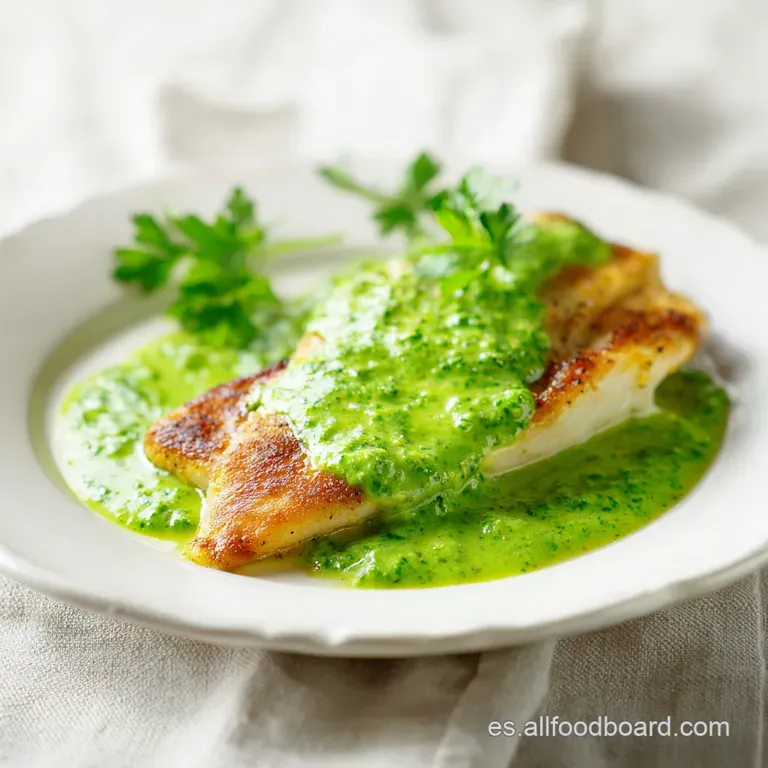 Presentaci&oacute;n minimalista de pescado blanco con salsa verde brillante, decorada con hojas de perejil y lim&oacute;n c&iacute;trico.