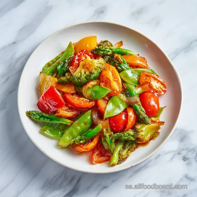 A colorful mound of Asian vegetables, glistening with sauce, artfully arranged on a white plate. A simple, healthy, and de...