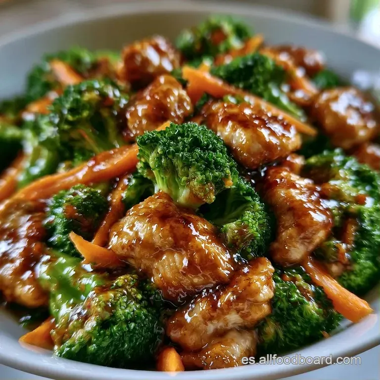 Montón ordenado de pollo jugoso y verduras crujientes sobre un plato blanco, decorado con semillas de sésamo blanco.