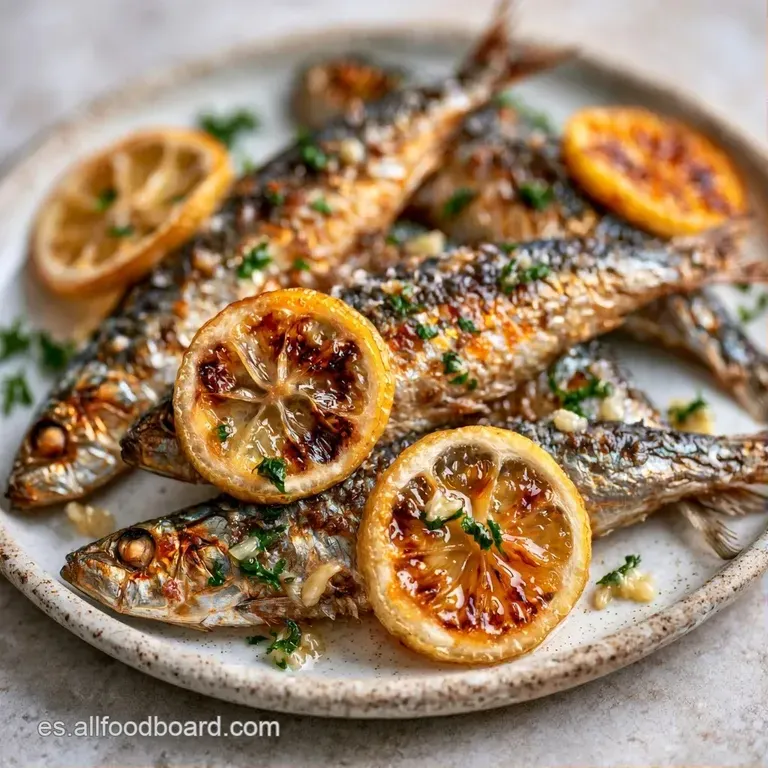 Filetes de pescado tostados dispuestos con elegancia, acompañados de cítricos jugosos y un toque de aceite brillante.