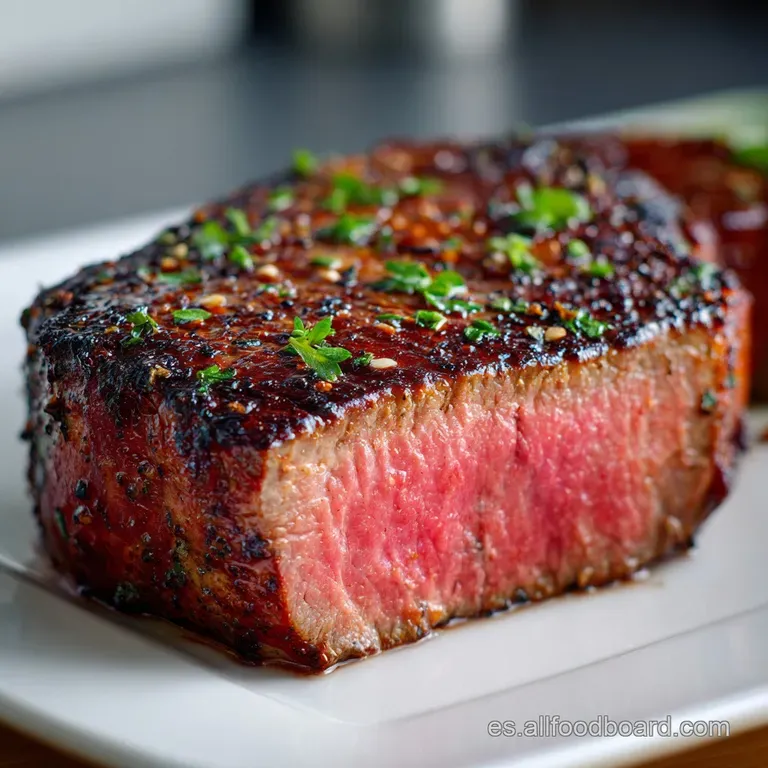 Perfectly sliced beef tenderloin, rosy pink, layered beautifully with a dark, savory sauce and a sprinkle of fresh parsley.