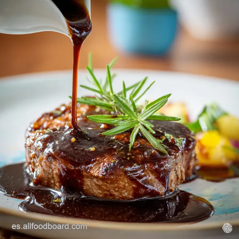 Elegant plate with sliced pork in rich, dark reduction. Sprigs of herbs and crispy potatoes add texture & color. A restaur...