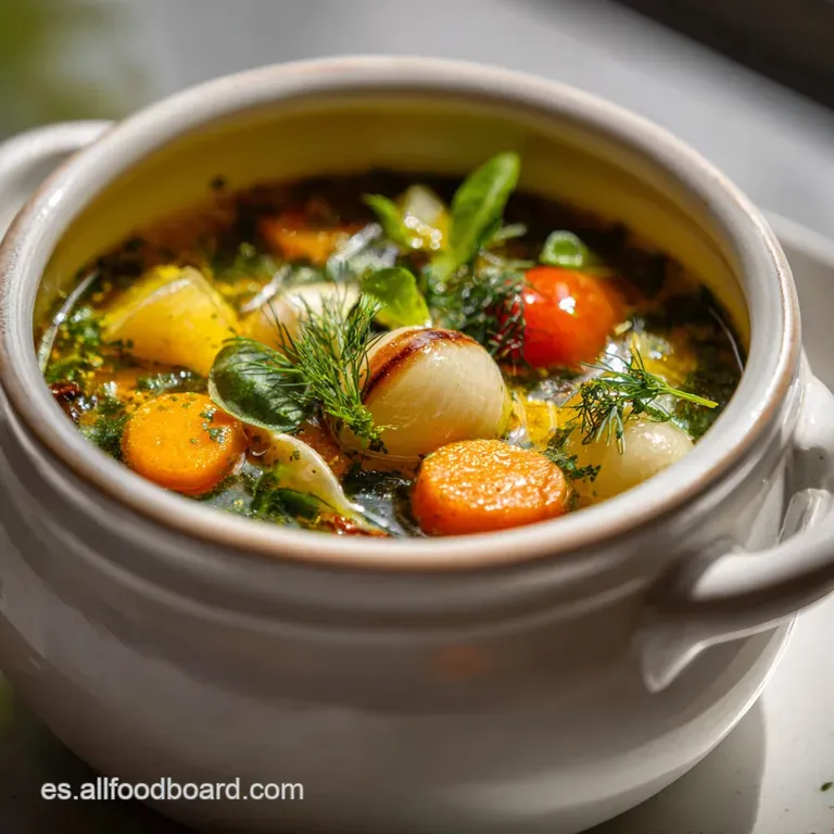 A spoonful lifts from a bowl of chunky vegetable soup, showcasing tender greens and bright broth. Garnished with fresh par...