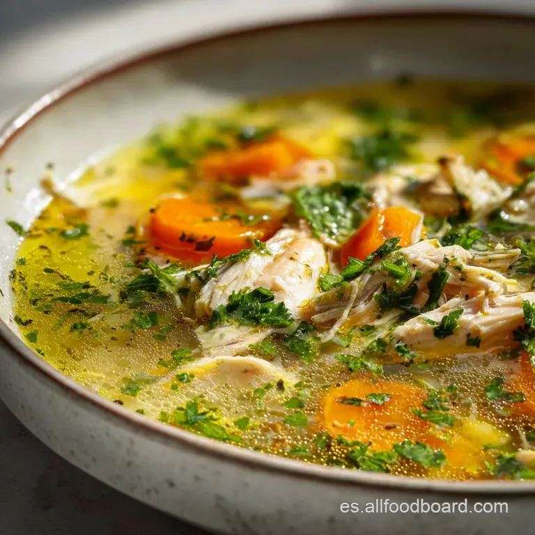 Warm, inviting bowl of chicken soup, garnished with cilantro and lime, presented on a rustic wooden table, ready to eat.