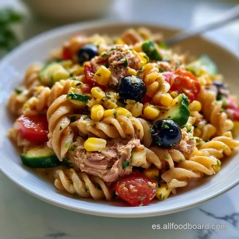 Pasta de grano entero dispuesta cuidadosamente con láminas de atún, maíz amarillo y un toque de aceite brillante.