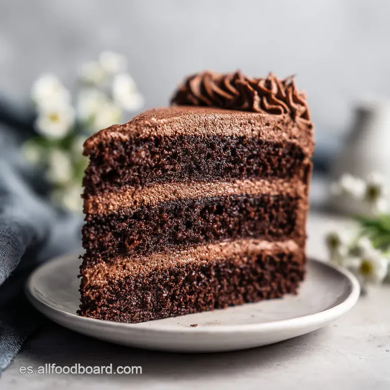 Elegant slice of moist chocolate cake showing layers of dark sponge and creamy frosting with fresh raspberry coulis.