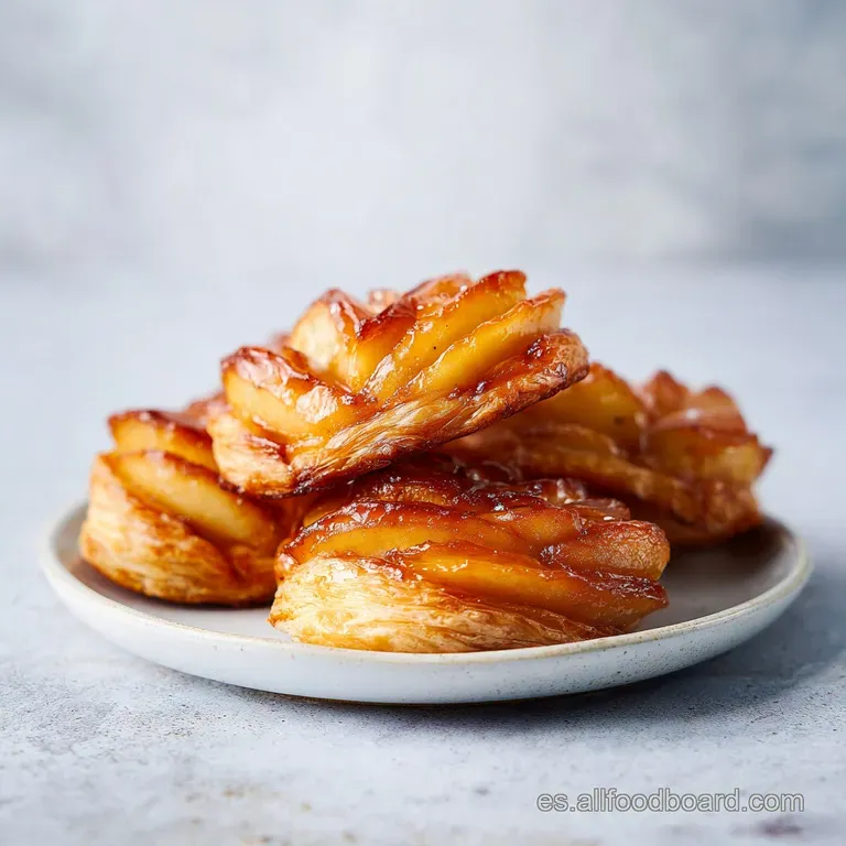 Porci&oacute;n de tarta con manzanas brillantes sobre plato blanco, destacando el hojaldre crujiente y el brillo caramelizado.