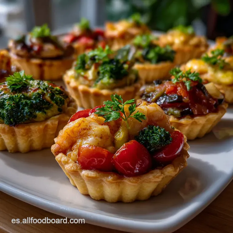 Elegant plate showcasing colorful tartlets; the rich orange of sobrasada contrasts with the salmon's pink, scattered with ...