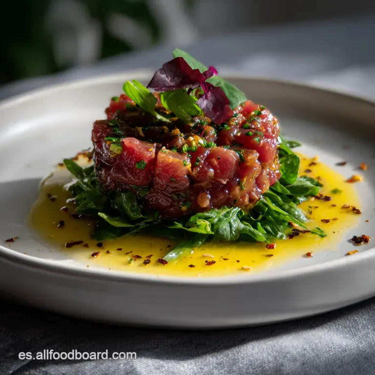 Artfully plated tuna tartare. Silky, ruby-red tuna contrasted by smooth, green avocado, garnished with microgreens.