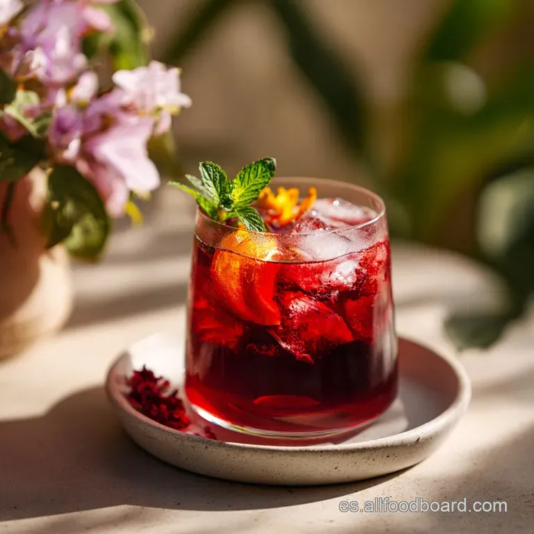 Elegant glass of Tinto de Verano, condensation clinging to the side, garnished with bright lemon slice and mint sprig.