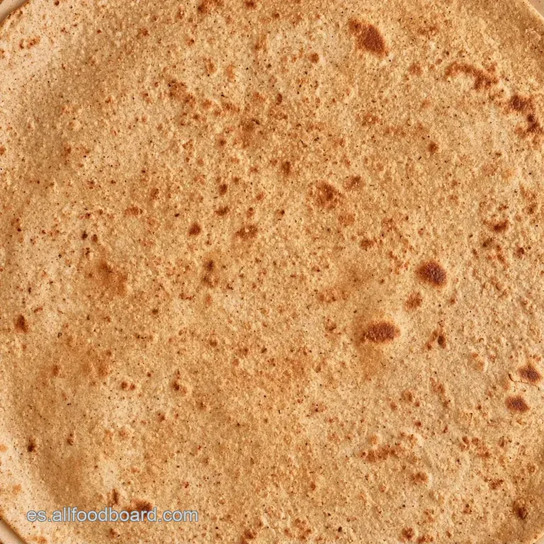 Porción triangular de tortilla amarilla tostada sobre cerámica oscura, adornada con una hoja de cilantro y gotas de aceite.