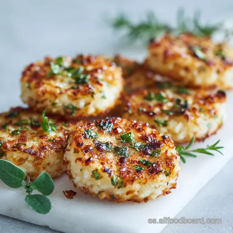 A stack of crispy rice cakes, subtly browned and garnished with microgreens, artfully arranged on a simple white plate.