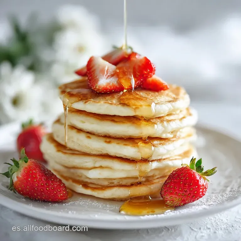 Perfectly plated tortitas dusted with powdered sugar. Beside them, a vibrant array of fresh berries and a dollop of cream.