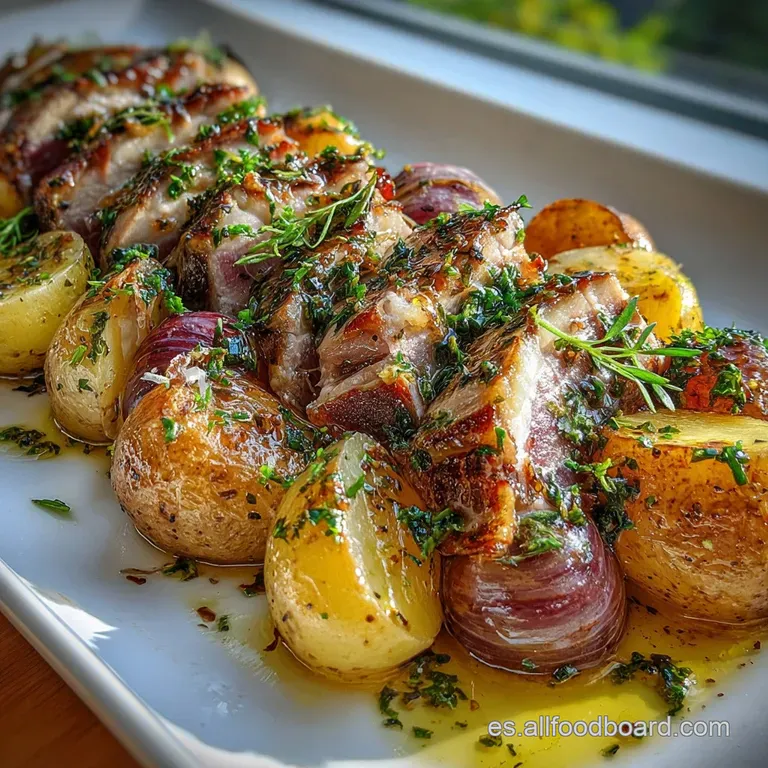Elegant plate of glistening, baked tuna with peppers and onions. The flaky fish contrasts beautifully with the colorful ve...
