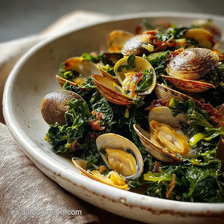 A vibrant green bean and clam stew served in a rustic bowl. Sprigs of parsley provide pops of fresh color.