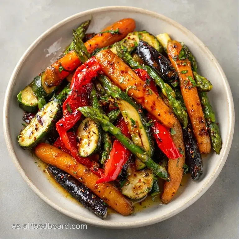 Verduras caramelizadas dispuestas con cuidado en plato blanco, adornadas con hierbas frescas y gotas de aceite dorado.