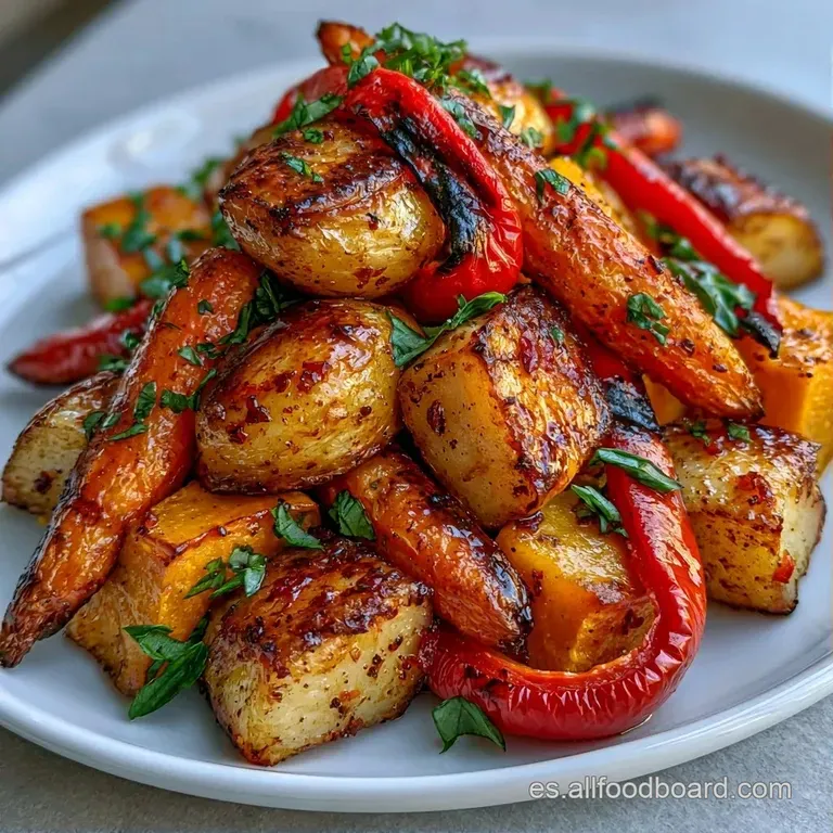 Montón ordenado de hortalizas asadas en plato blanco, decoradas con perejil fresco y gotas de aceite oliva dorado.