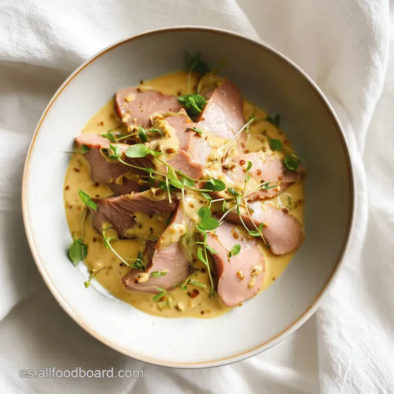 Delicate veal slices fanned out on a white plate, adorned with glistening sauce and vibrant capers.