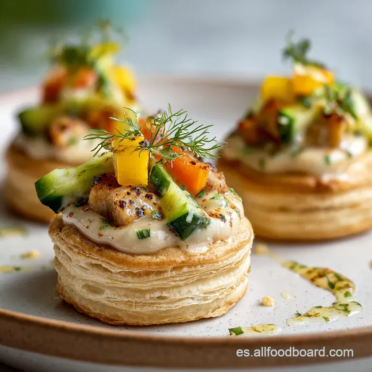 Elegant plate with several perfectly formed vol-au-vents. Flaky, golden pastry contrasts with the smooth, creamy filling a...